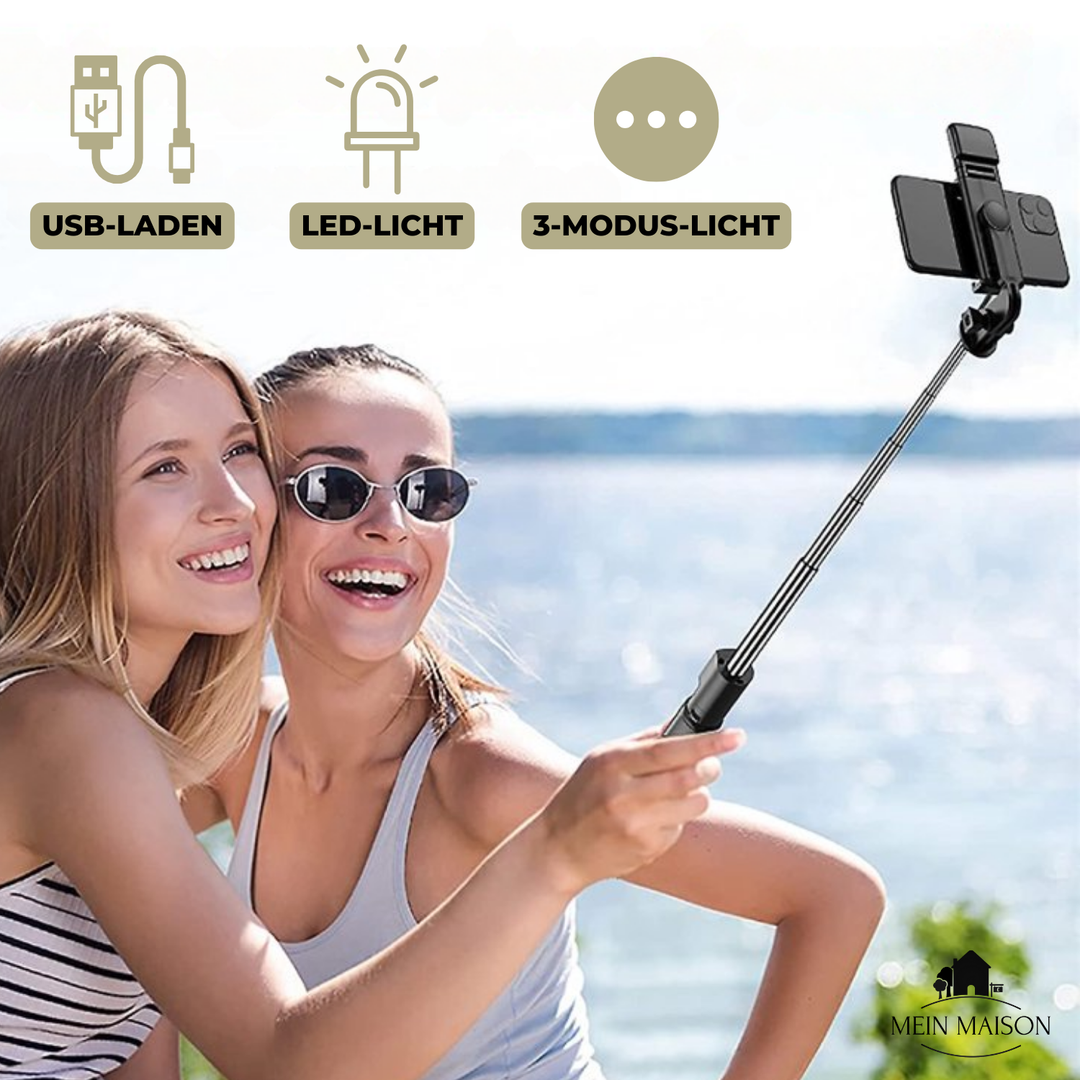 Vielseitiger Fotostick mit integriertem Stativ, LED-Licht & Fernbedienung für Ihr Handy.