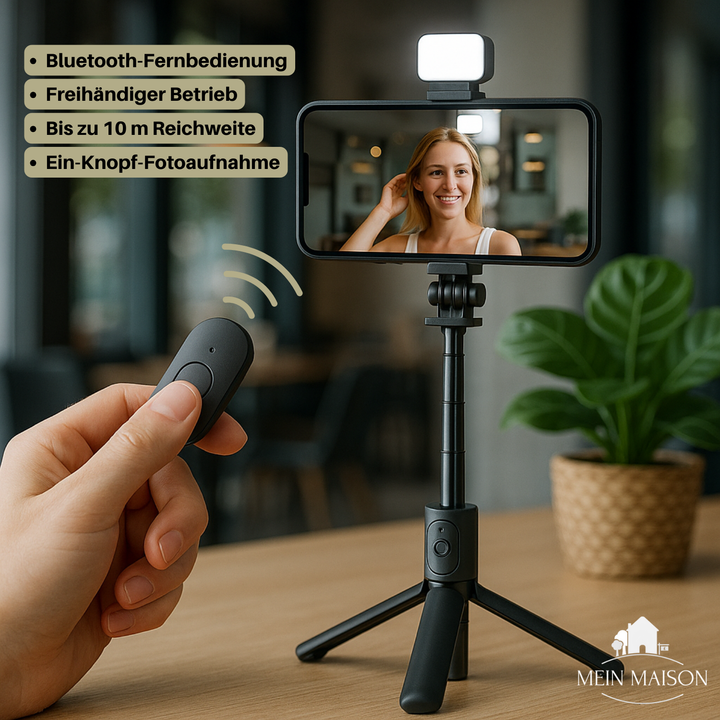 Kompakter Selfie Stick mit Bluetooth-Fernbedienung, Stativfunktion & LED-Licht für Reisen.