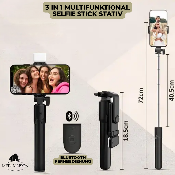 Idealer Handyhalter für Gruppenfotos: Selfie Stick, Stativ und LED-Licht integriert.