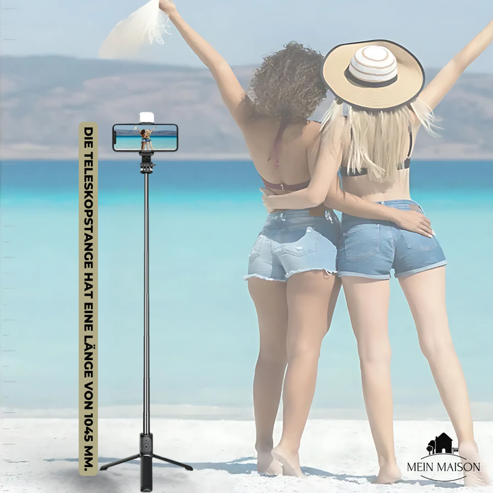 Handlicher Fotostick für perfekte Aufnahmen, mit Stativ, LED & Fernbedienung für Ihr Smartphone.