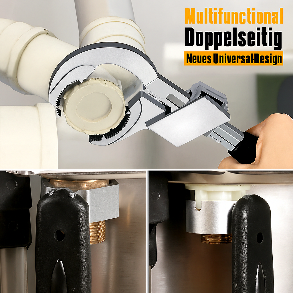 Detailansicht des flexiblen Universal GripMax Duo-Schlüssels, ideal für Muttern & Rohre.
