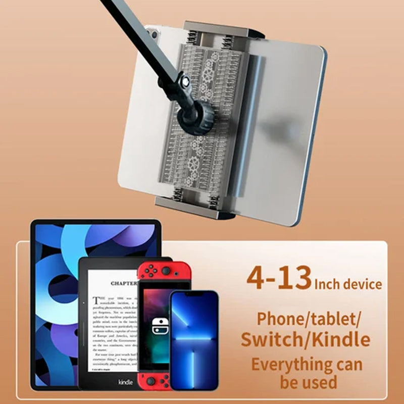 Flexibler Schwanenhals-Halter für iPad und iPhone, ideal für Videoanrufe am Schreibtisch.