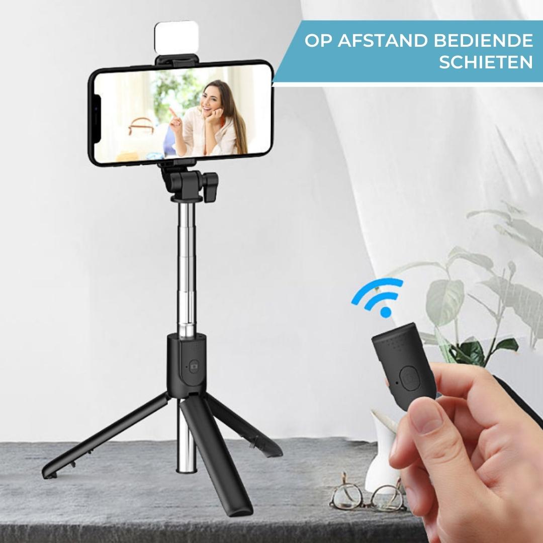 SnapFlex Bluetooth-Selfiestick als stabiles Stativ, hält Smartphone für Videoaufnahmen und Langzeitbelichtungen.