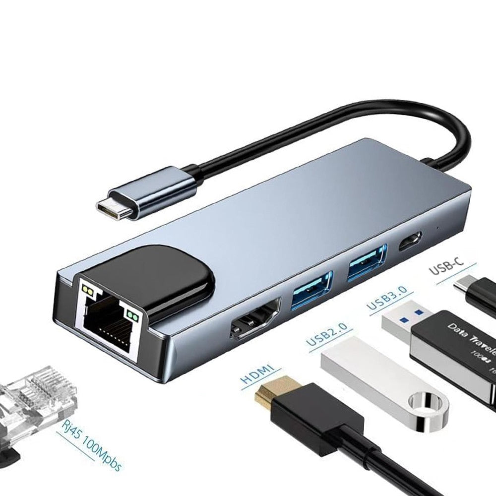 Ultrakompakter USB-C Hub für Laptops: HDMI 4K, PD, SD-Slot & Ethernet in einem vielseitigen Gerät.