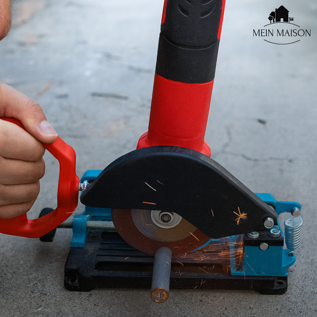Schwerer Winkelschleifer Ständer aus Gusseisen für vibrationsarmes, präzises Schneiden von Rohren & Profilen.