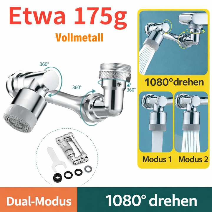 Flexibler Wasserhahn Extender für Armaturen. Mit 2 Strahlmodi und 1080° Drehung. Moderne Reinigungshilfe.