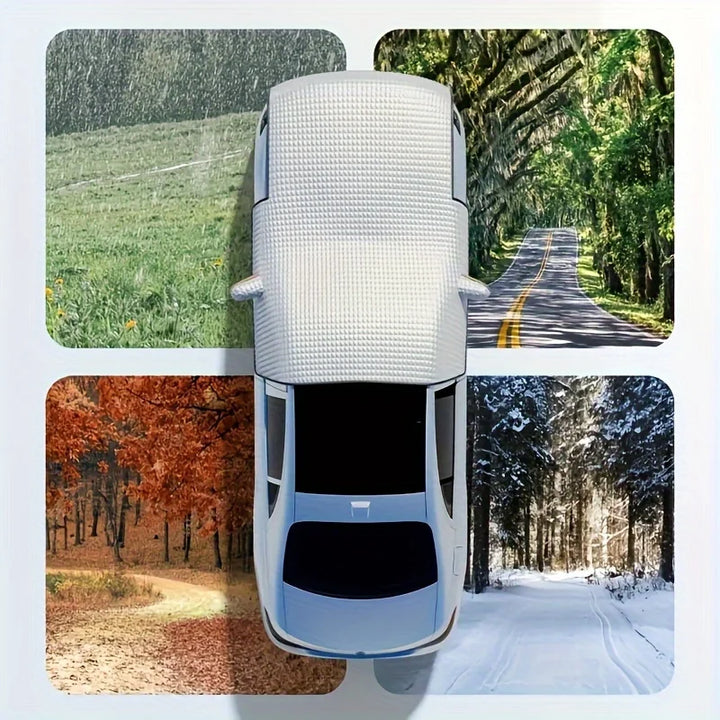 Ganzjahres Auto Frontscheibenabdeckung auf einem geparkten Auto, bietet umfassenden Wetterschutz.