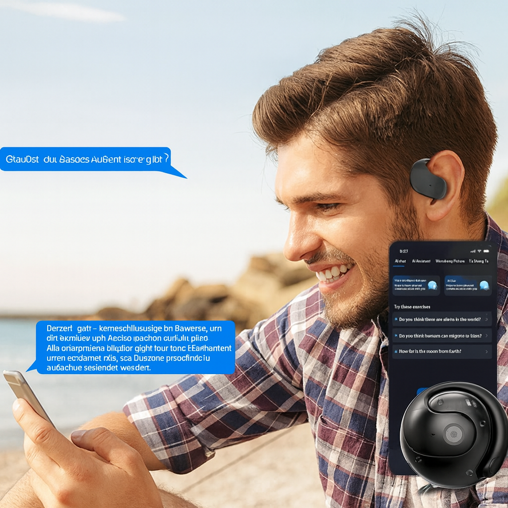 Universelle Übersetzer Earbuds in Schwarz mit Ladecase, ideal für Echtzeit-Sprachübersetzung unterwegs.