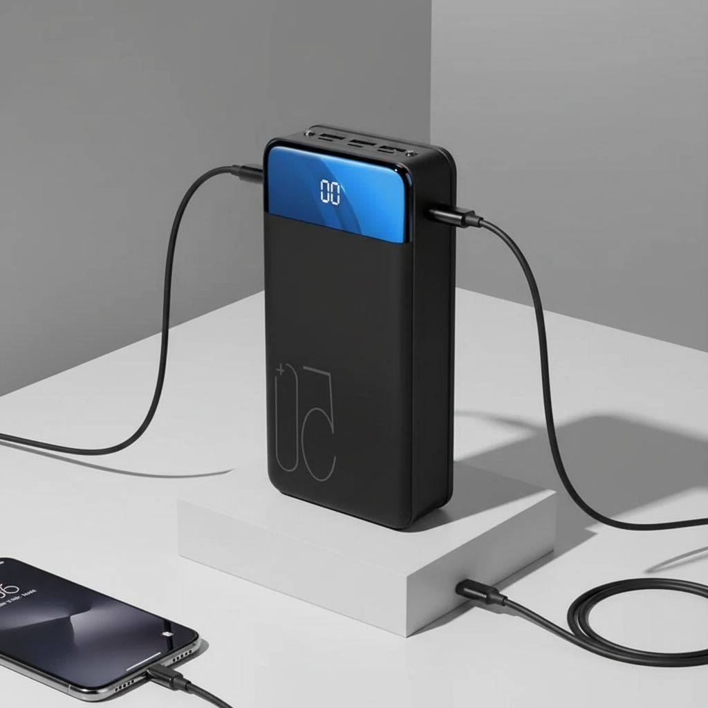 Universelle Powerbank VoltHaven mit Mehrfachausgang und USB-C für Handy, Tablet & Laptop; ideal für Reisen.