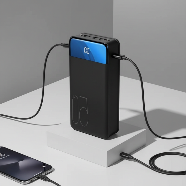Universelle Powerbank VoltHaven mit Mehrfachausgang und USB-C für Handy, Tablet & Laptop; ideal für Reisen.