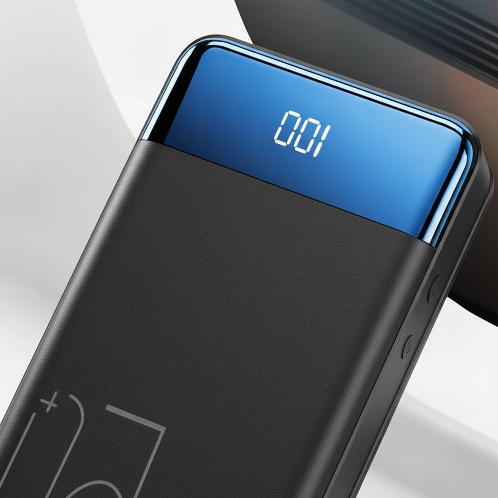 Schwarze VoltHaven Powerbank mit USB-C & USB-A Anschlüssen, digitalem Display; Notstrom für Smartphone, Tablet.