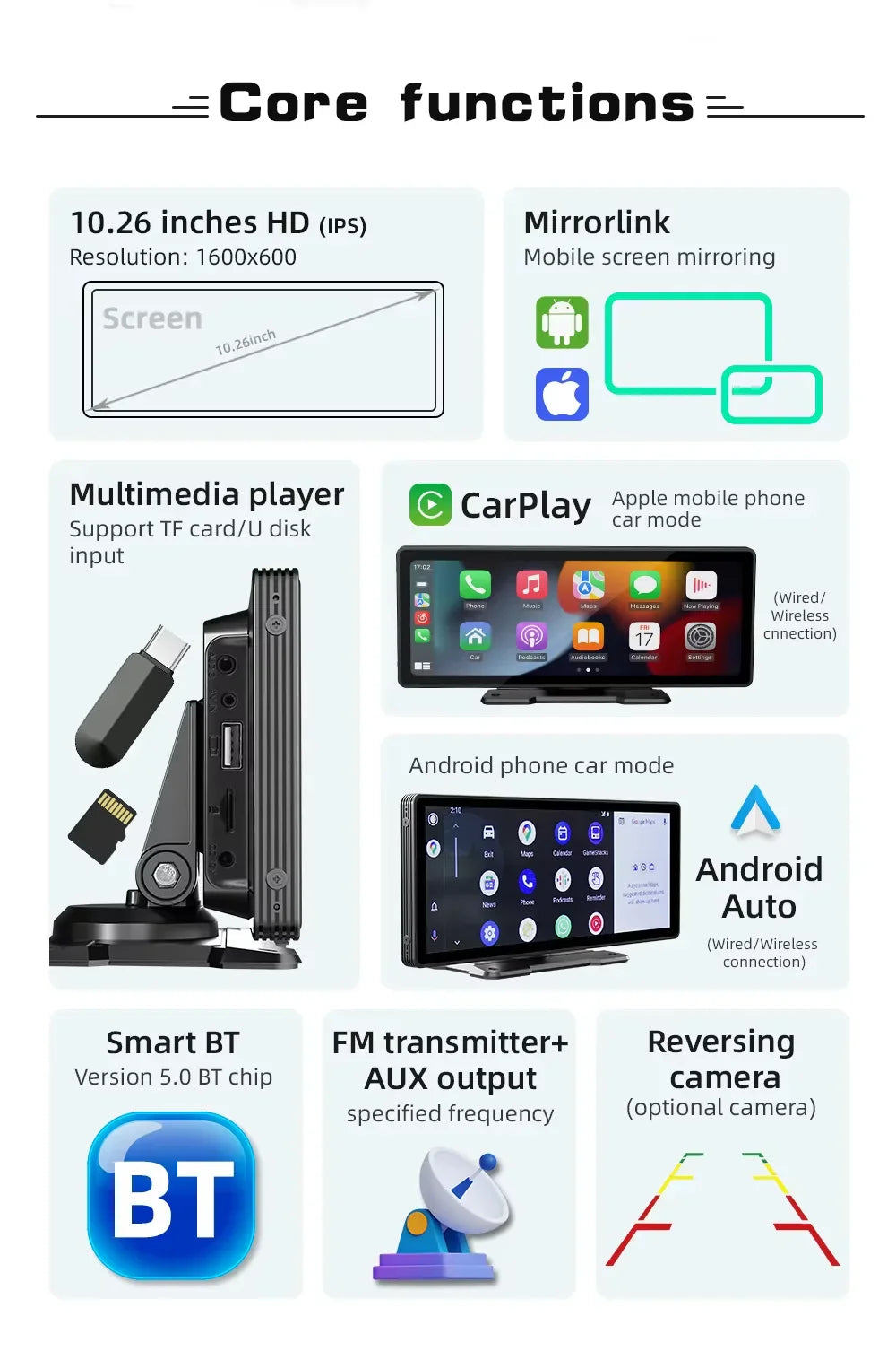 Intelligentes Navigationssystem mit 26 cm Display, kabellosem CarPlay & Android Auto; modernes Fahrzeugzubehör.