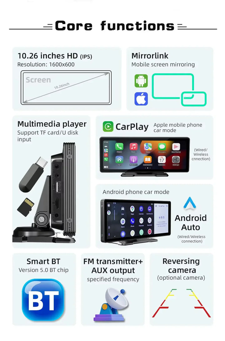 Intelligentes Navigationssystem mit 26 cm Display, kabellosem CarPlay & Android Auto; modernes Fahrzeugzubehör.
