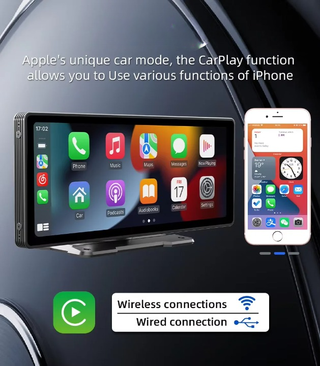 Modernes Fahrzeugzubehör: Universal 26 cm Multimedia Player mit Wireless CarPlay, Android Auto & Navigation.