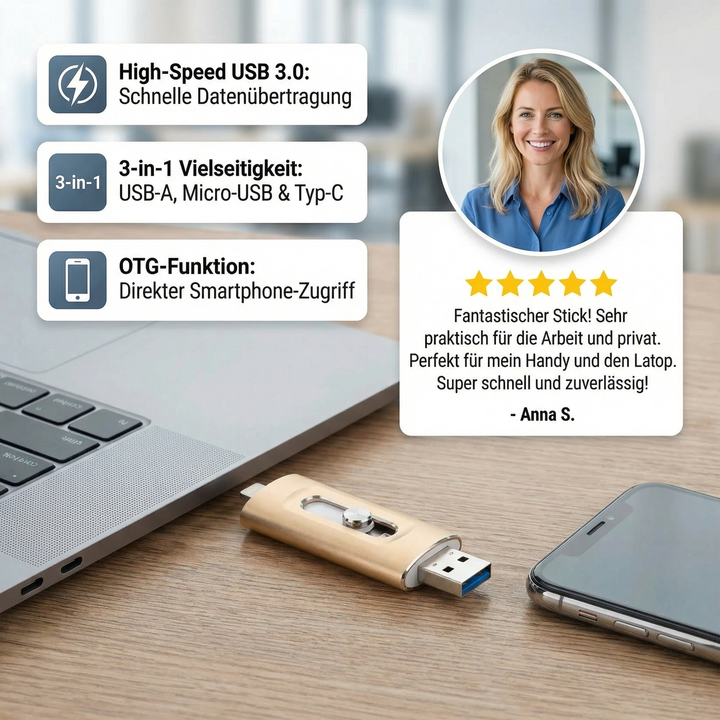 Multifunktionaler OTG USB-Stick mit USB-A, Micro-USB und Type-C Anschlüssen. Für Android, iPhone & PC geeignet.