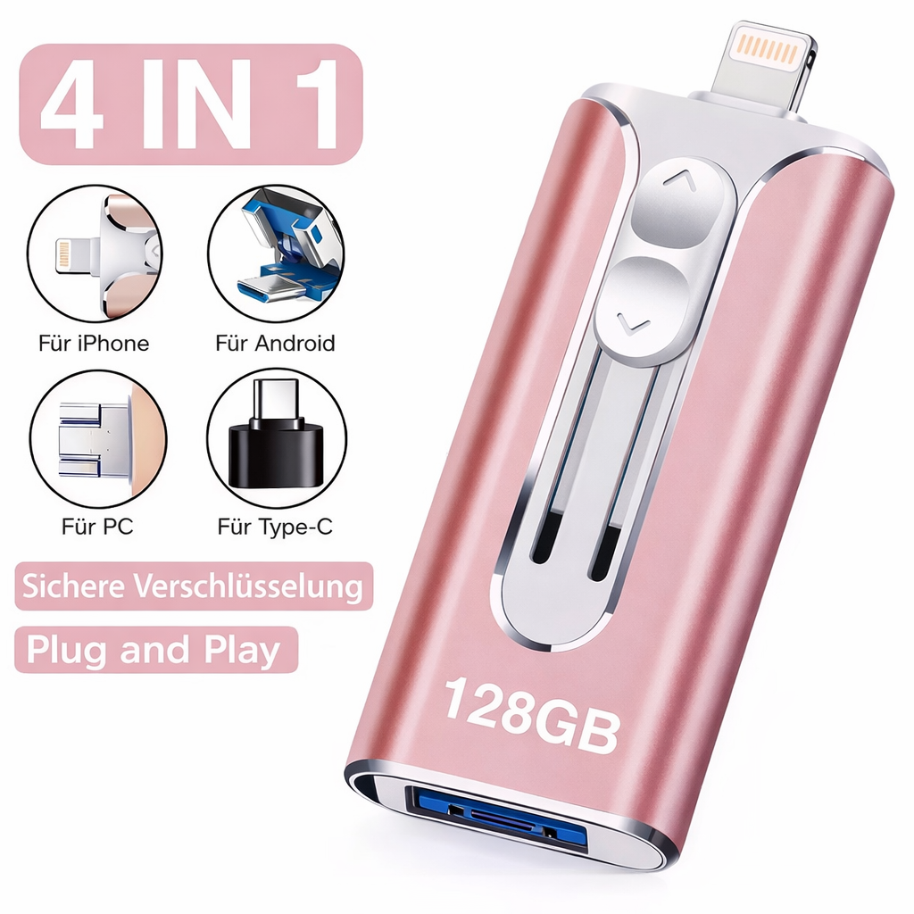 Universeller 4-in-1 USB-Stick: Speichererweiterung für Handy, Tablet & PC. Schneller USB 3.0 Flash Drive.