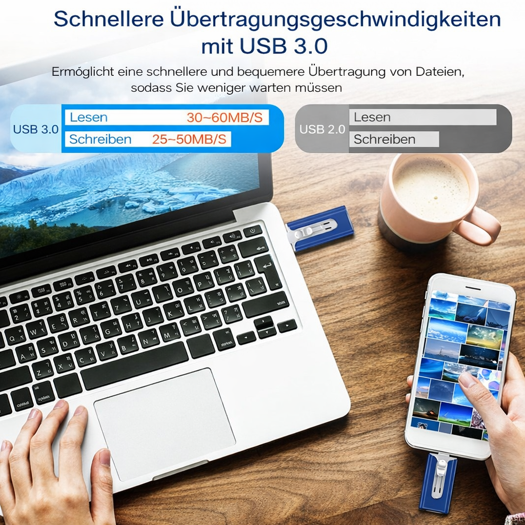 Digitaler 4-in-1 USB-Stick zur universellen Speichererweiterung für alle Ihre Geräte, Fotos & Videos.