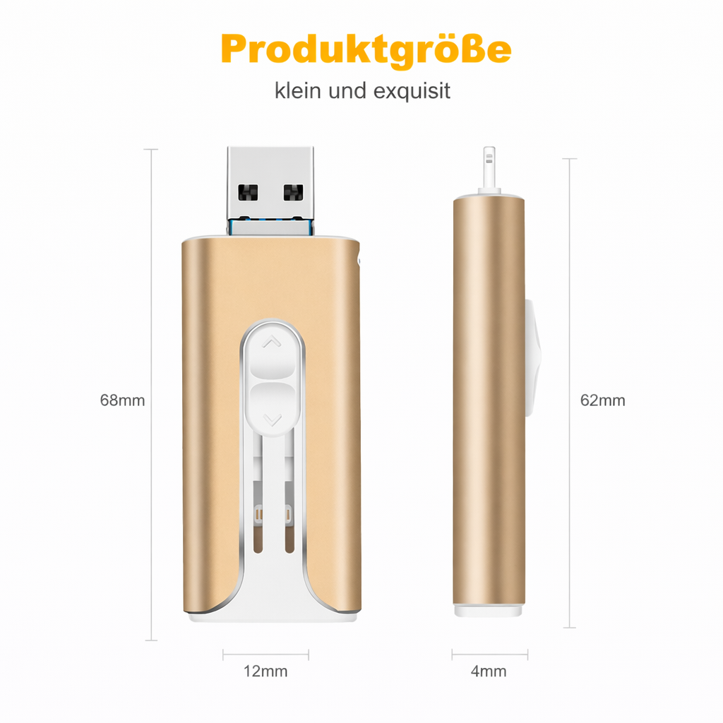 Kompakter 4-in-1 USB-Stick (Flash Drive) für iPhone, Android & PC; universelle Datensicherung & mobiler Speicher.
