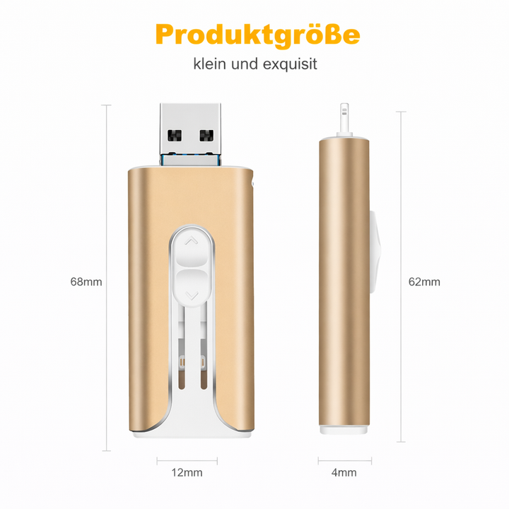 Kompakter 4-in-1 USB-Stick (Flash Drive) für iPhone, Android & PC; universelle Datensicherung & mobiler Speicher.