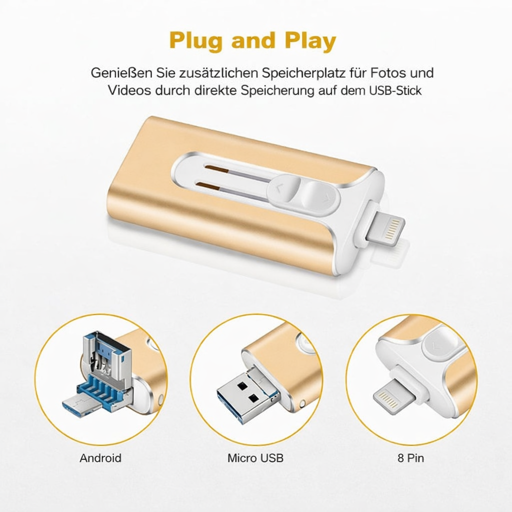 4-in-1 USB-Stick zur Datensicherung von Fotos, Videos & Dateien auf iPhone, Android & PC. Mobiler Speicher.