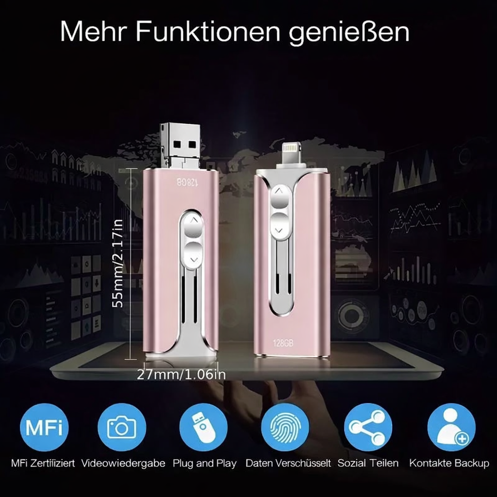 Kompakter externer 4-in-1 USB-Speicherstick für iPhone, Android & PC; ideal für mobile Datensicherung.