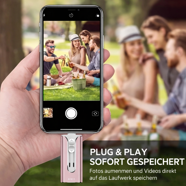 4-in-1 USB-Stick zur Speichererweiterung & Datensicherung; kompatibel mit iPhone, Android, Tablet & PC.