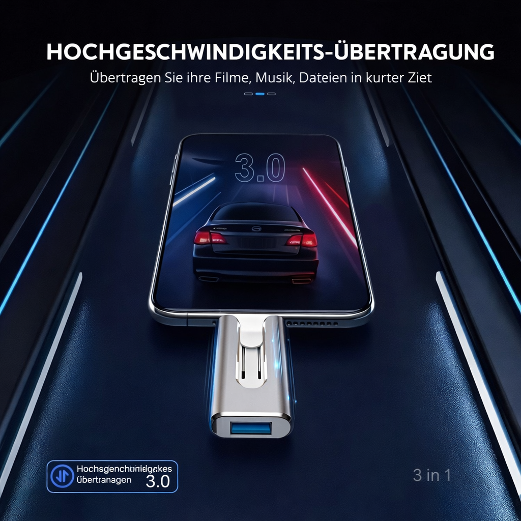 Universeller Flash Drive (4-in-1) für schnelle Datenübertragung zwischen Handy, Tablet & PC. USB 3.0.