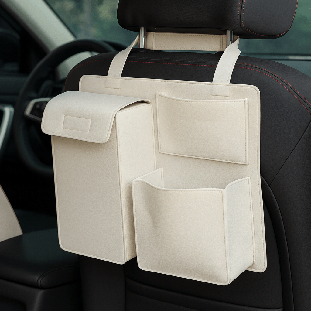 Universeller Autositz-Organizer aus Filz mit 4 Staufächern für mehr Ordnung im Auto. Ideal für Familienreisen.