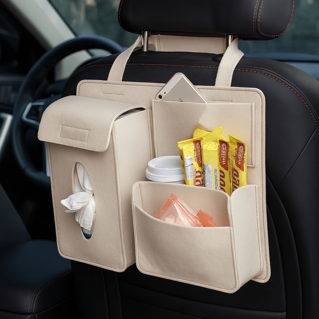 Praktischer Auto-Organizer für Familienreisen, schafft Ordnung im Rücksitzbereich mit mehreren Staufächern.