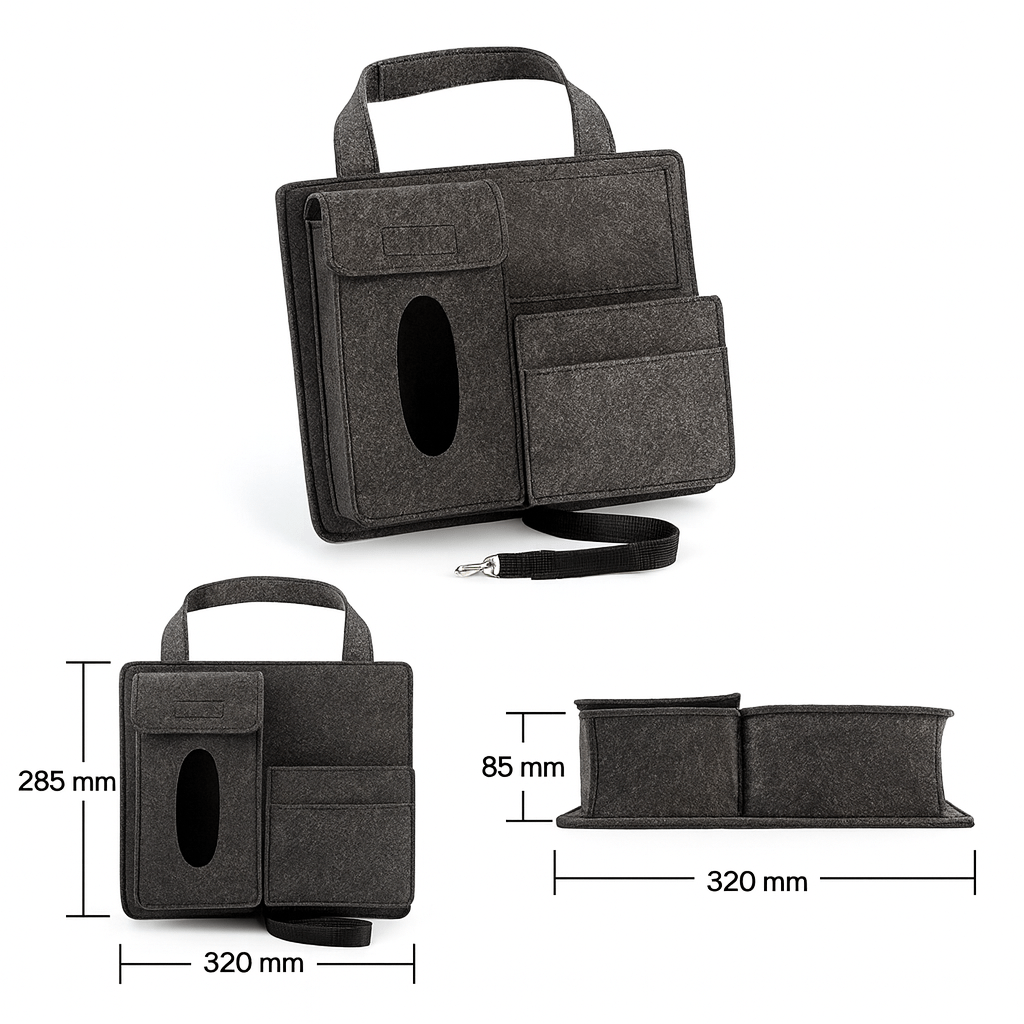 Ordnungssystem für's Auto: Universal Filz-Organizer mit 4 Fächern für Autozubehör, Snacks und Getränke.