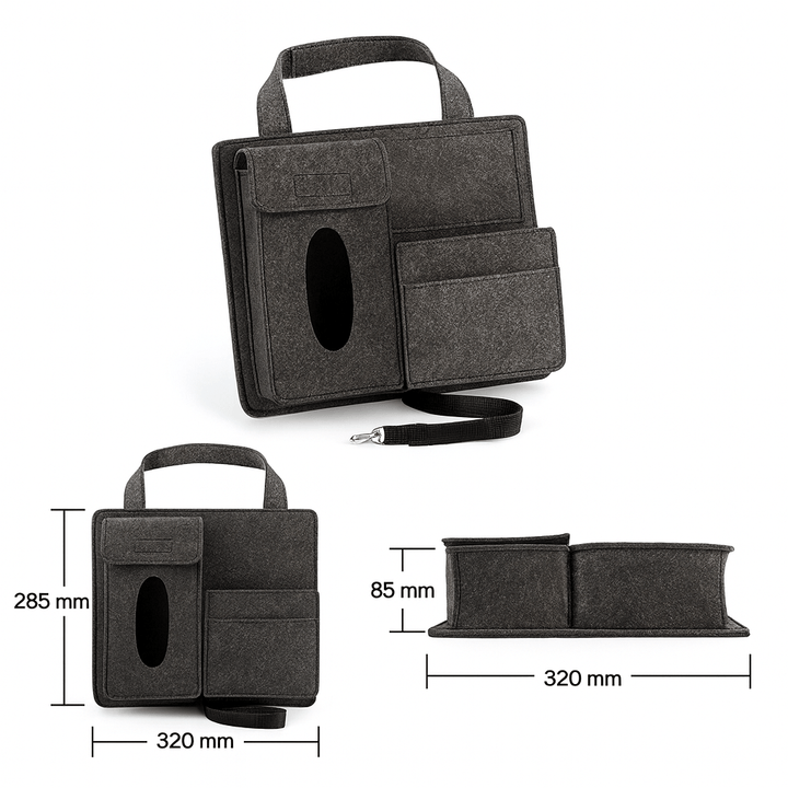 Ordnungssystem für's Auto: Universal Filz-Organizer mit 4 Fächern für Autozubehör, Snacks und Getränke.