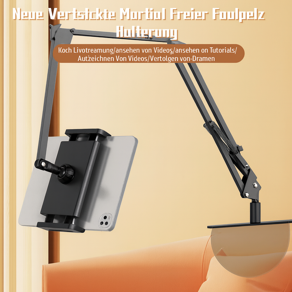 Universeller Handy- & Tablethalter aus Aluminium, freihändig nutzbar, 360° verstellbar für Bett, Sofa & Schreibtisch.