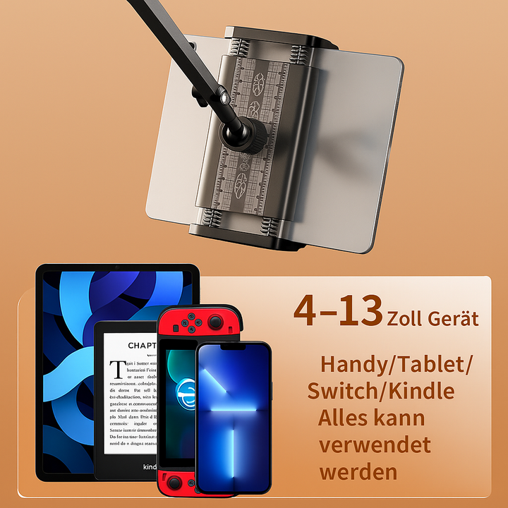 Verstellbarer Aluminium Handy- & Tablethalter mit 360° Drehfunktion für ergonomisches Multimedia-Erlebnis.