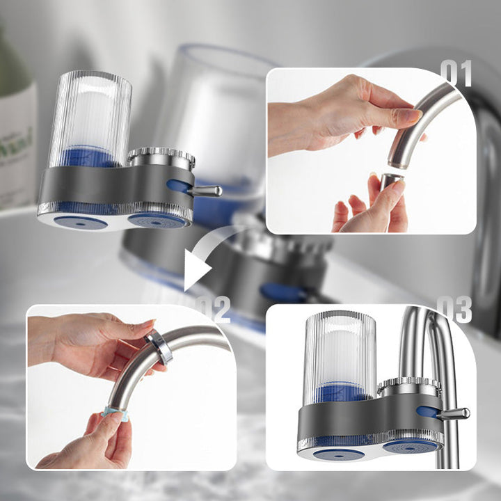 Detailaufnahme des universellen Wasserfilters, der am Wasserhahn befestigt ist, für sauberes Trinkwasser.