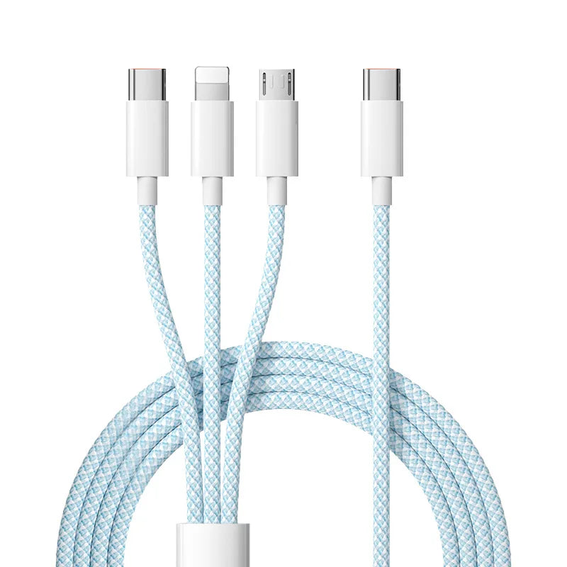 Universelles 3-in-1 100W Schnellladekabel mit USB-C, Lightning & Micro-USB. Ideal für alle Geräte.