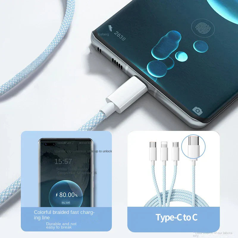Leistungsstarkes 100W 3-in-1 Schnellladekabel. Universal-Ladekabel für schnelles Laden von USB-C, Lightning, Micro-USB.