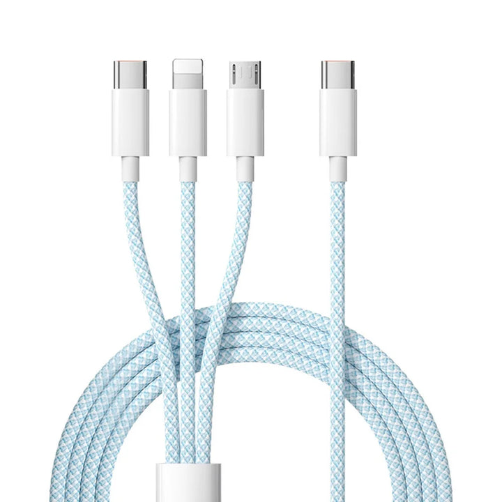Geflochtenes 3-in-1 Universal-Ladekabel 100W. Robustes Schnellladekabel mit USB-C, Lightning und Micro-USB.