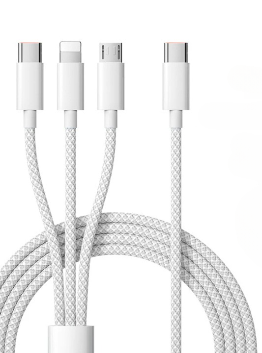 Praktisches 3-in-1 Schnellladekabel 100W für alle Gadgets. Universal USB-C, Lightning, Micro-USB Ladezubehör.