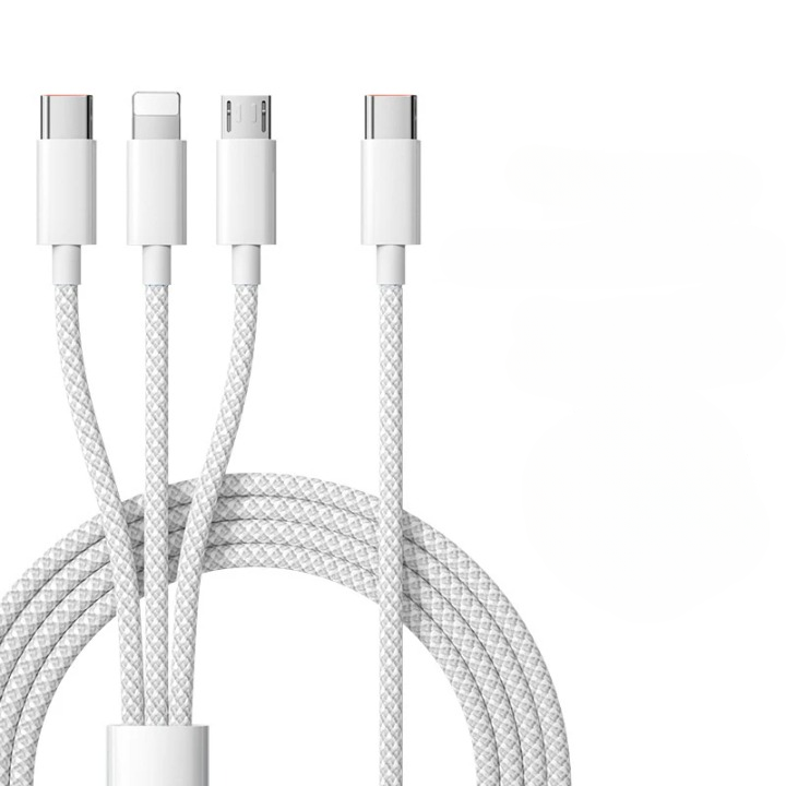 Hochwertiges 3-in-1 Universal-Schnellladekabel 100W. Kompatibel mit USB-C, Lightning und Micro-USB Geräten.