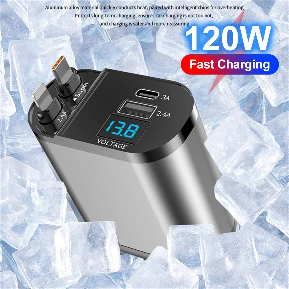 Praktisches 4-in-1 Schnellladegerät fürs Auto mit einziehbarem Kabel. USB-Ladeadapter für Mobilgeräte.