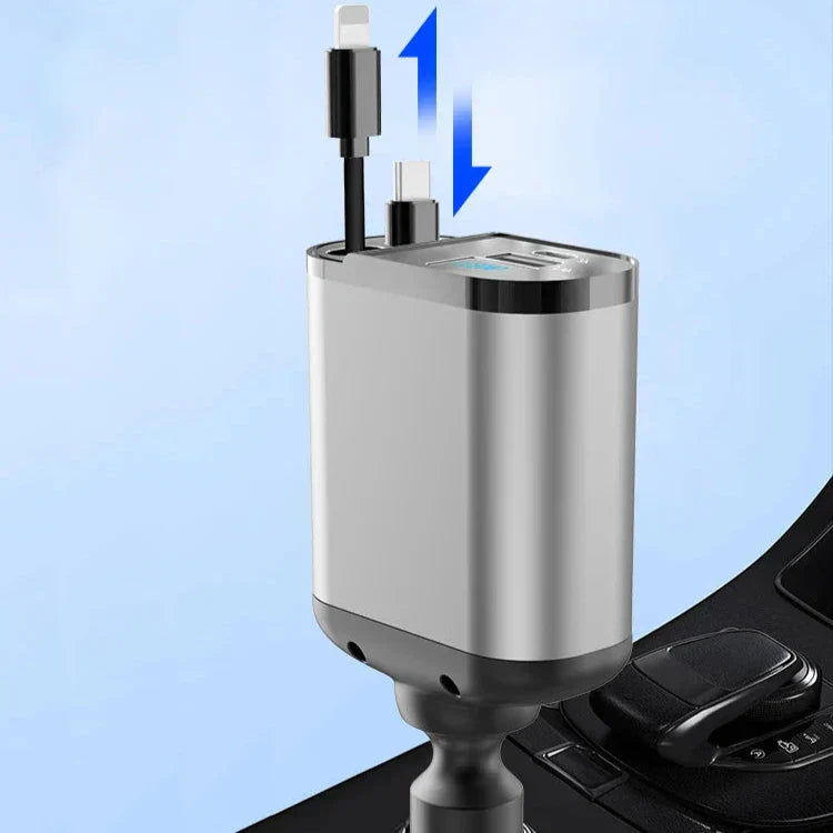 Effizientes Auto-Schnellladegerät mit 4 Ladeoptionen für Handy & Tablet. Universal USB-Kfz-Ladeadapter.
