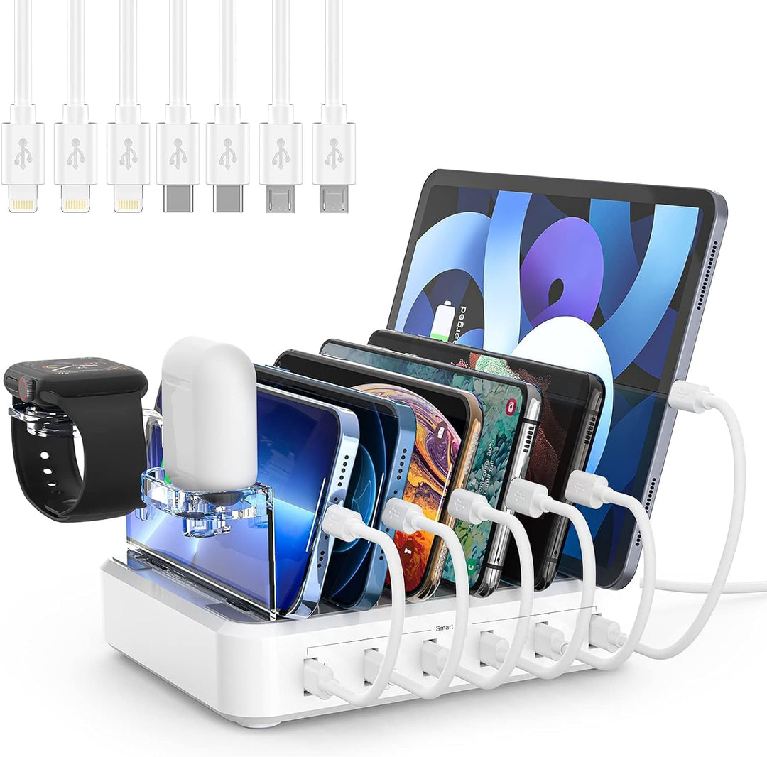 Universelles 6-in-1 Schnellladegerät mit USB-Ladestation, Organizer für Handy, Tablet, Smartwatch.