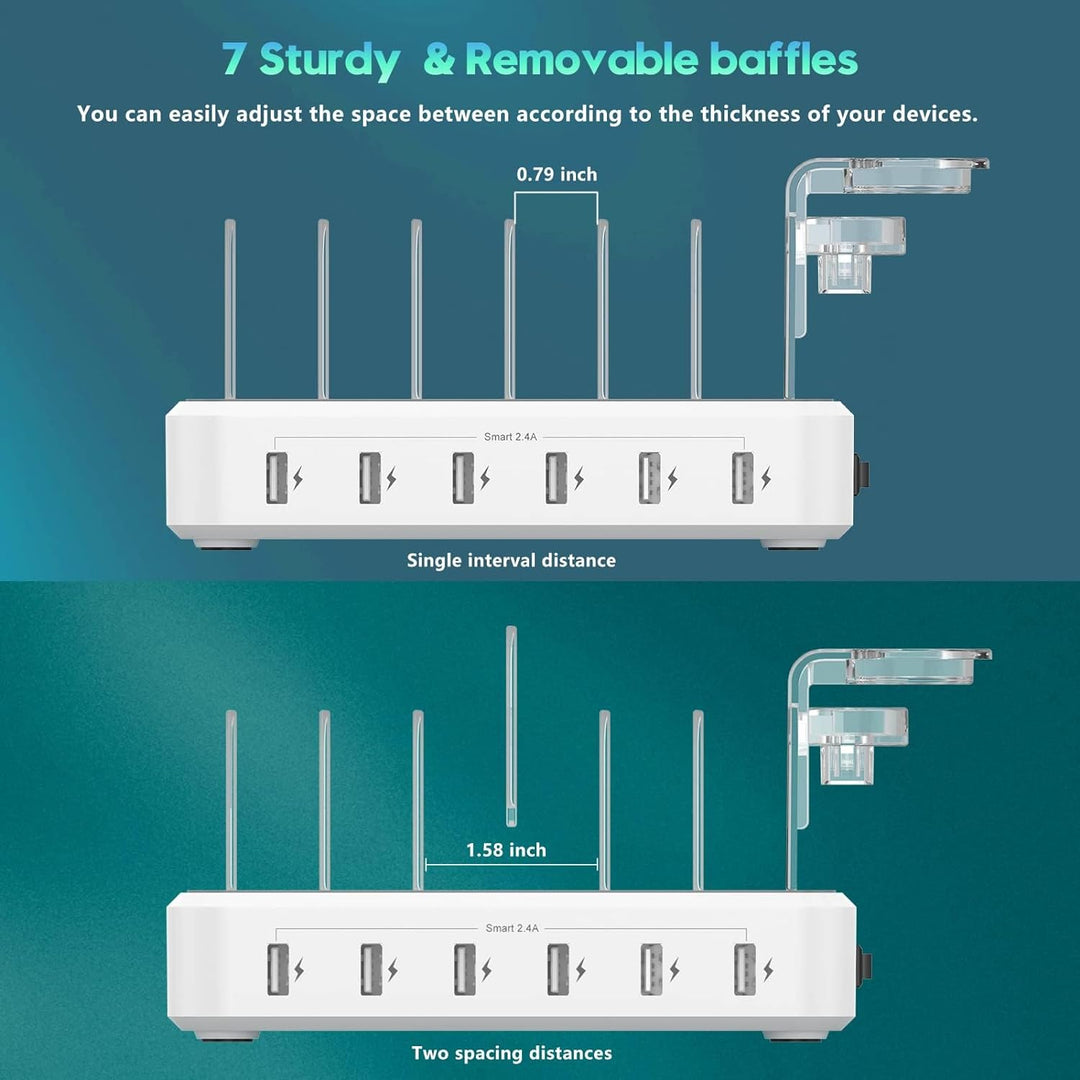 Kompakte 6-in-1 Schnelllade-USB-Station als Elektronik-Organizer und Power-Hub für zuhause/Büro.