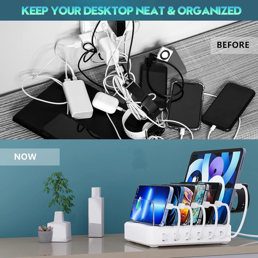 Vielseitiger Ladestation-Organizer mit Schnellladefunktion für Handy, Tablet, Smartwatch und Kopfhörer-Zubehör.