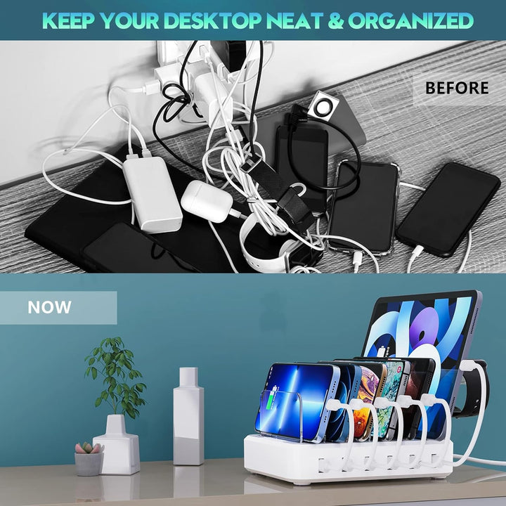 Vielseitiger Ladestation-Organizer mit Schnellladefunktion für Handy, Tablet, Smartwatch und Kopfhörer-Zubehör.