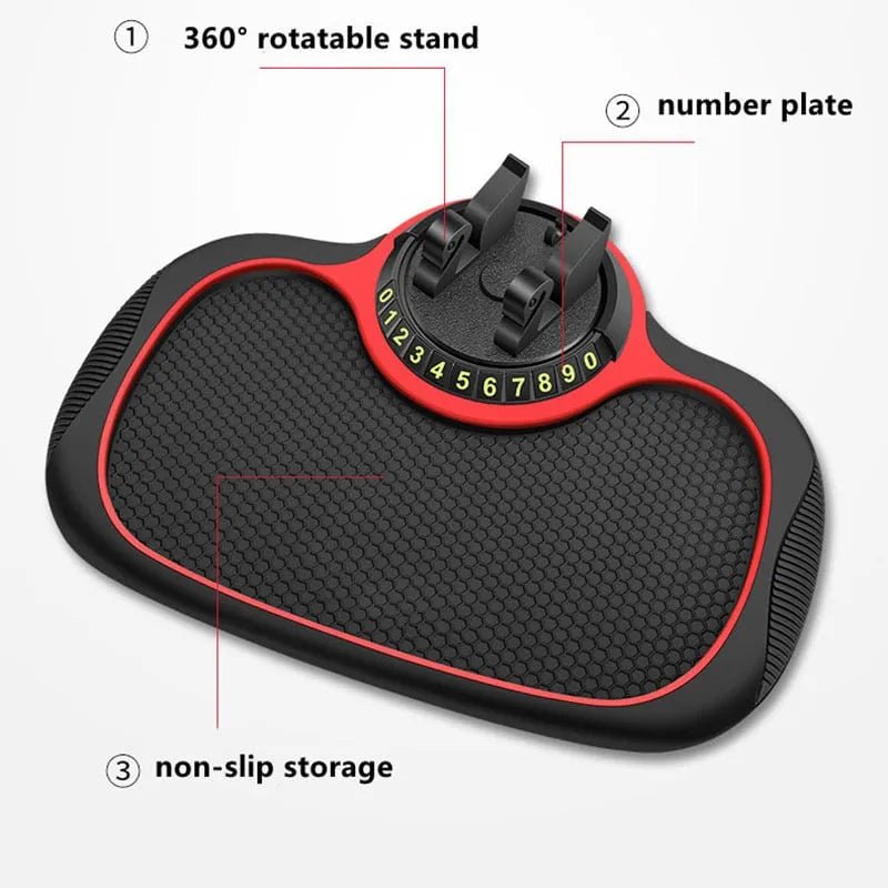 Schwarz, flexibles Anti-Rutsch-Pad auf dem Auto-Armaturenbrett, perfekt für Handy-Halterung.