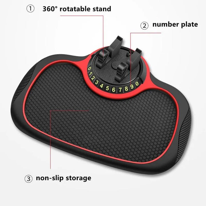 Schwarz, flexibles Anti-Rutsch-Pad auf dem Auto-Armaturenbrett, perfekt für Handy-Halterung.