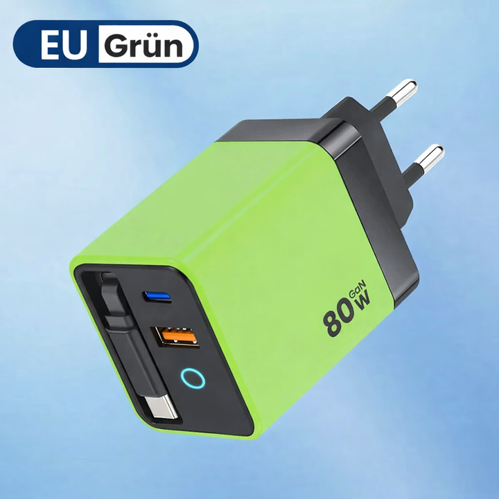 Multi-Port GaN Schnellladegerät mit USB-C und USB-A für gleichzeitiges Laden von mehreren Geräten.