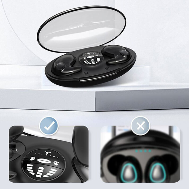 Weiße, kabellose Bluetooth Schlaf-Ohrhörer, unsichtbar im Ohr, mit Geräuschisolierung für Stille.