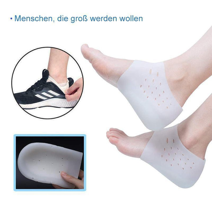 Paar unsichtbare Silikon-Fersenkissen zur Höhenerhöhung, ergonomisch geformt für Komfort und Halt.